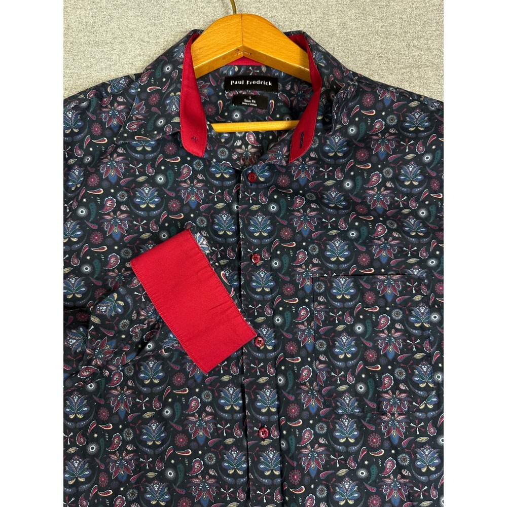Paul Fredrick Button Down Mens Large Blue Slim Fit Contrast Cuff Paisley Cotton